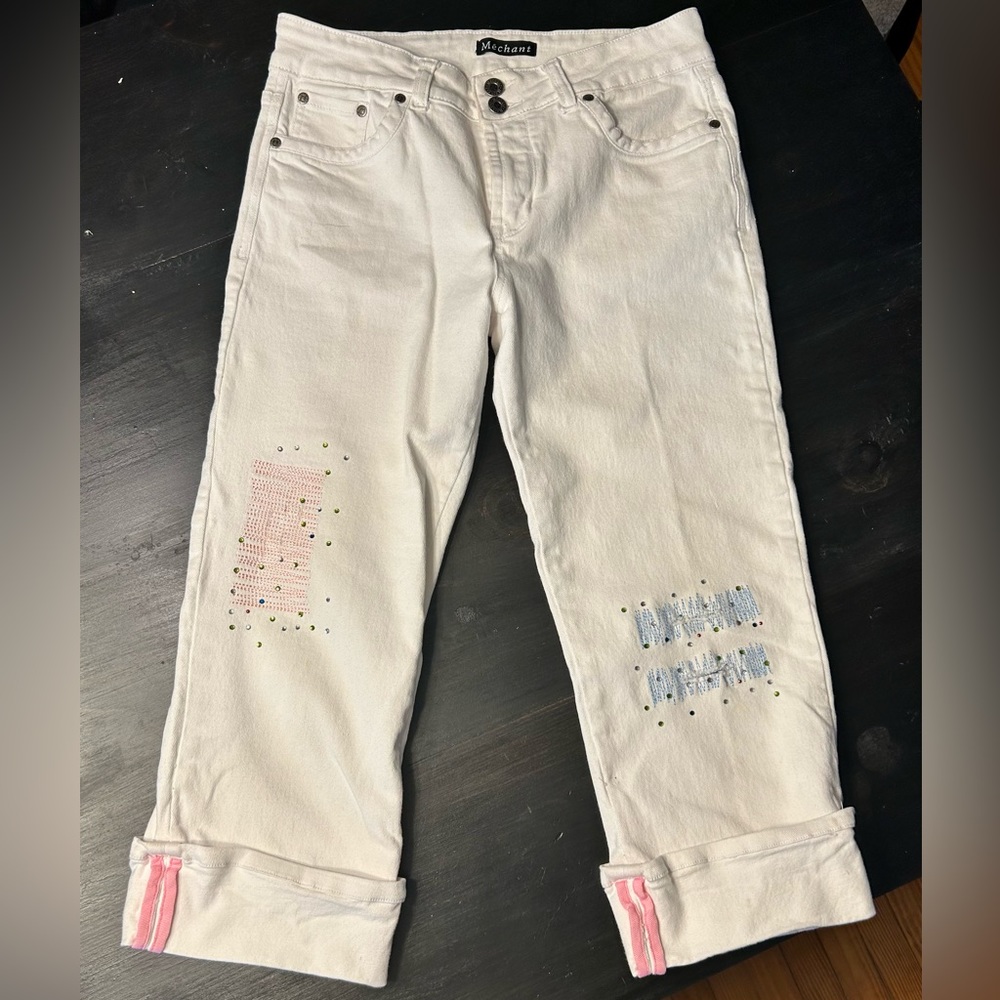 Merchant white denim embroidered and embellished capris. Size 10